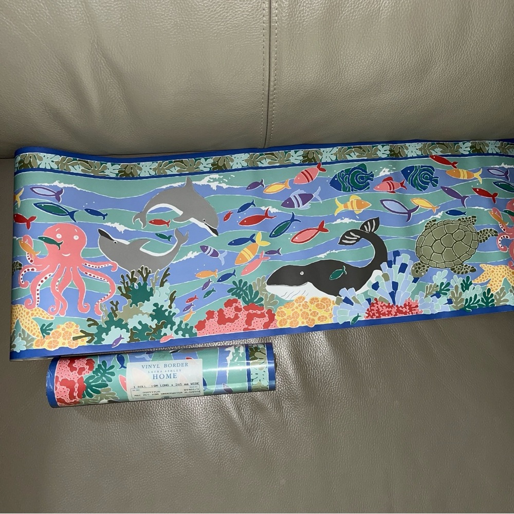 New LAURA ASHLEY VINYL WALLPAPER BORDER 2ROLLS Ocean Animals 10Mx265mm 00091926